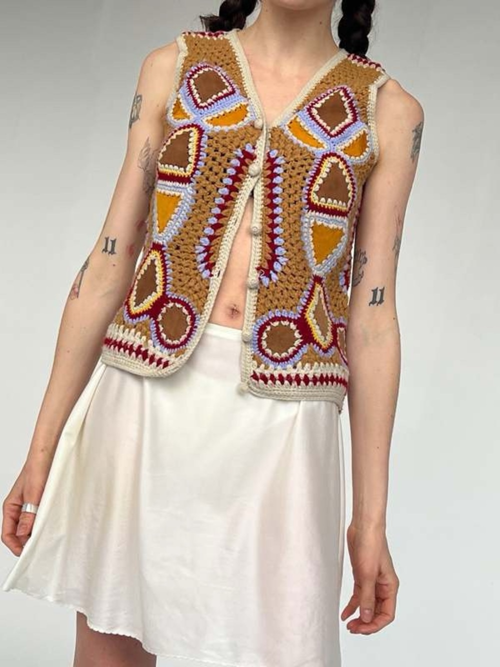 True Vintage 1970’s Hippie Aware Patchwork Crochet Leather Vest Sz L